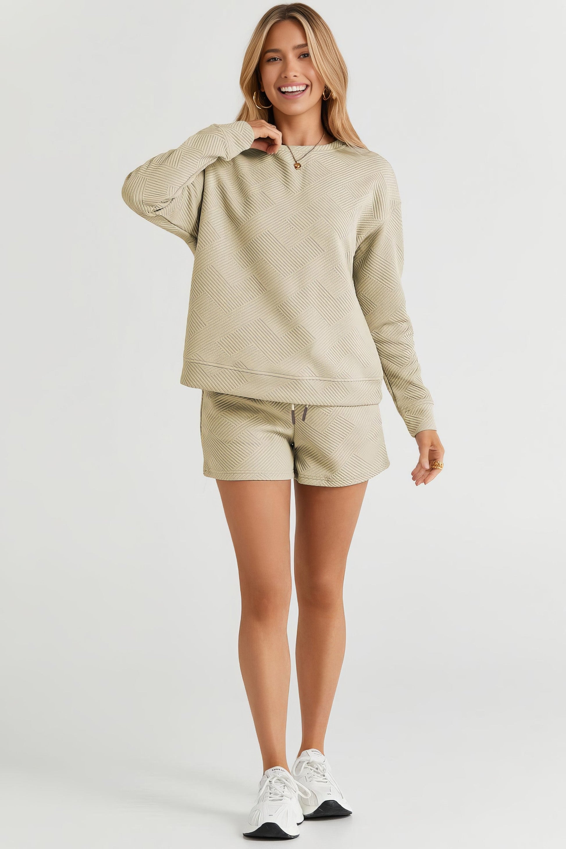 Women's texture long sleeve top and drawstring shorts set with pockets