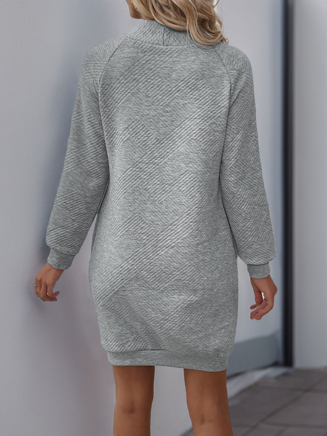 Perfee Texture Mock Neck Long Sleeve Mini Dress.