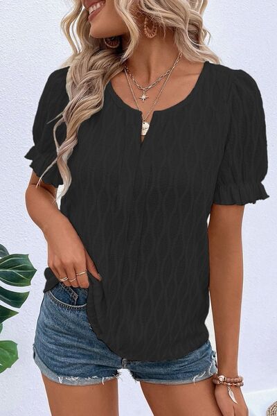 Texture Notched Short Sleeve Blouse.