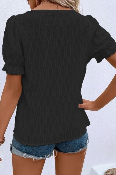 Texture Notched Short Sleeve Blouse.