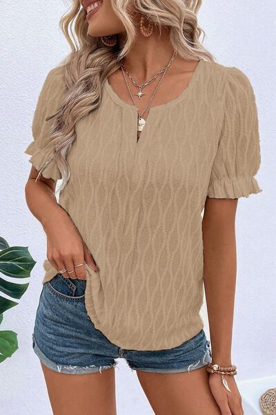 Texture Notched Short Sleeve Blouse.