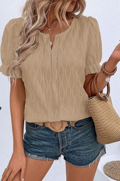 Texture Notched Short Sleeve Blouse.