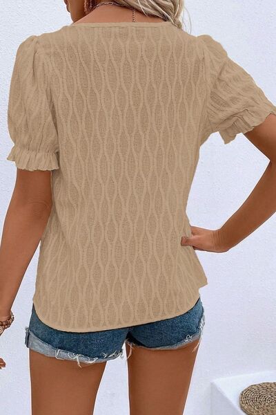 Texture Notched Short Sleeve Blouse.
