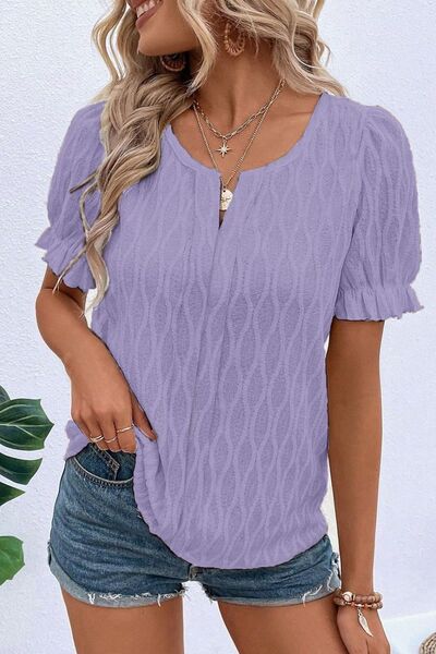 Texture Notched Short Sleeve Blouse.
