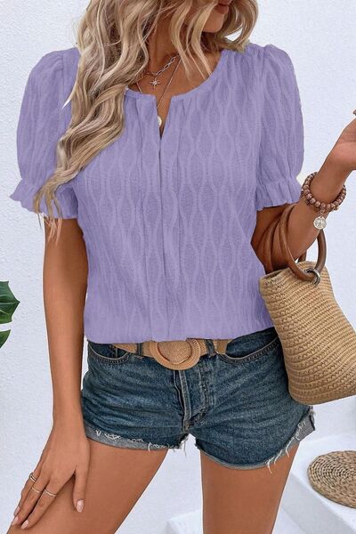 Texture Notched Short Sleeve Blouse.