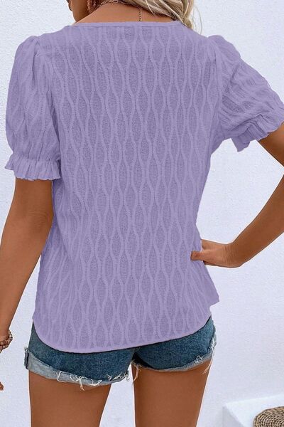 Texture Notched Short Sleeve Blouse.