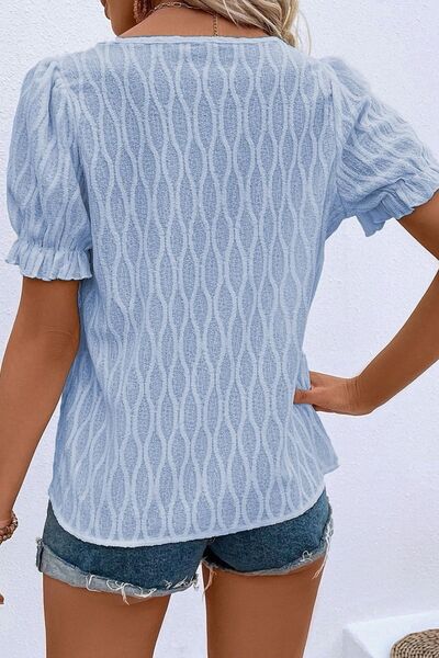 Texture Notched Short Sleeve Blouse.