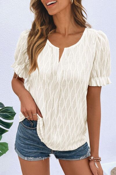 Texture Notched Short Sleeve Blouse.