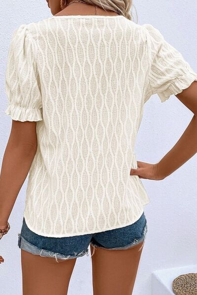 Texture Notched Short Sleeve Blouse.