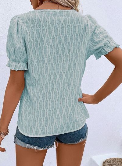 Texture Notched Short Sleeve Blouse.