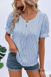 Texture Notched Short Sleeve Blouse.