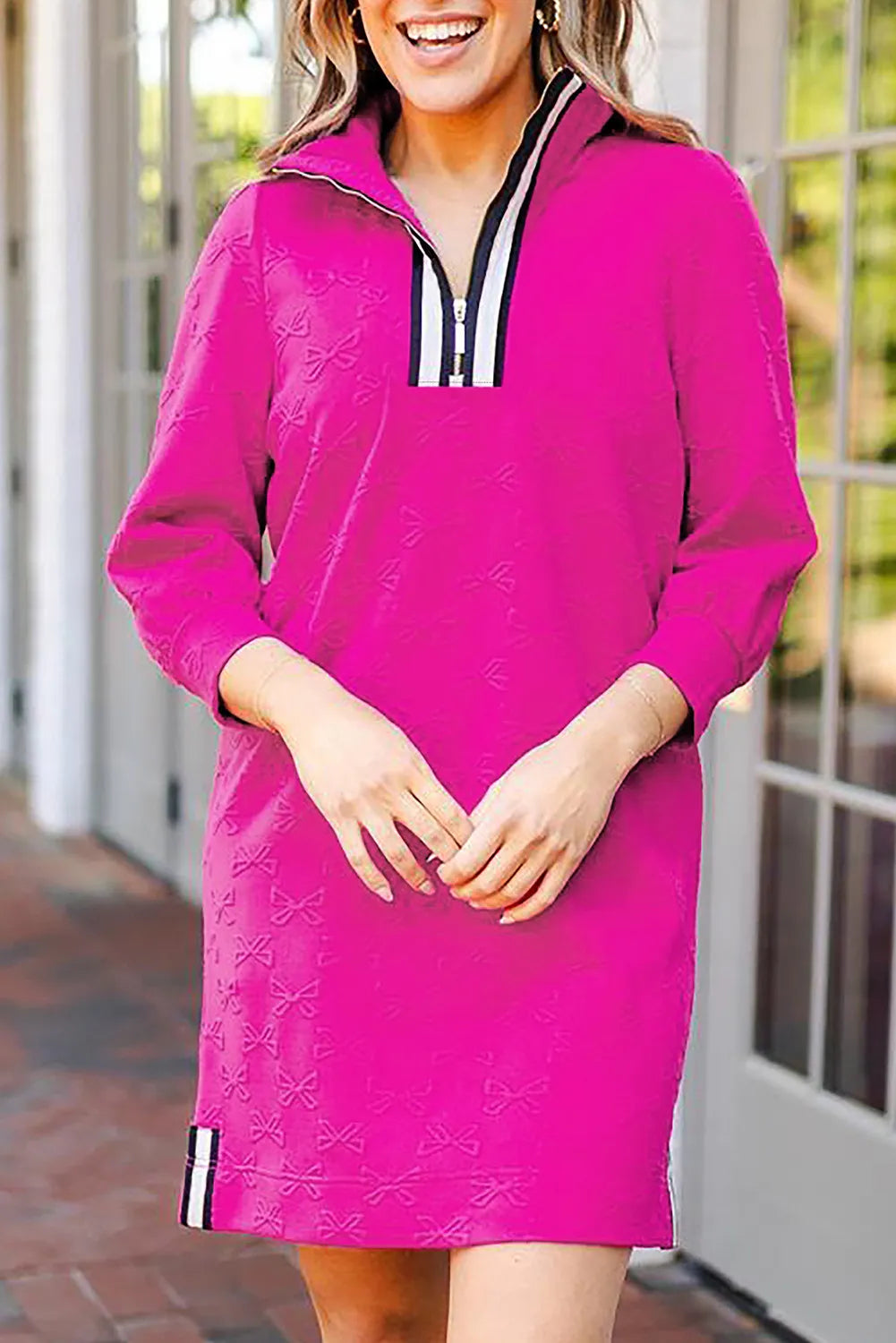 Texture Quarter Zip Long Sleeve Mini Dress.
