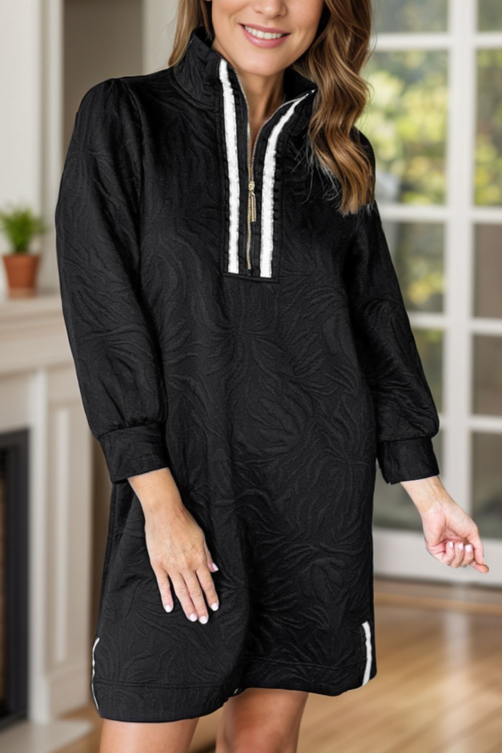 Texture Quarter Zip Long Sleeve Mini Dress.