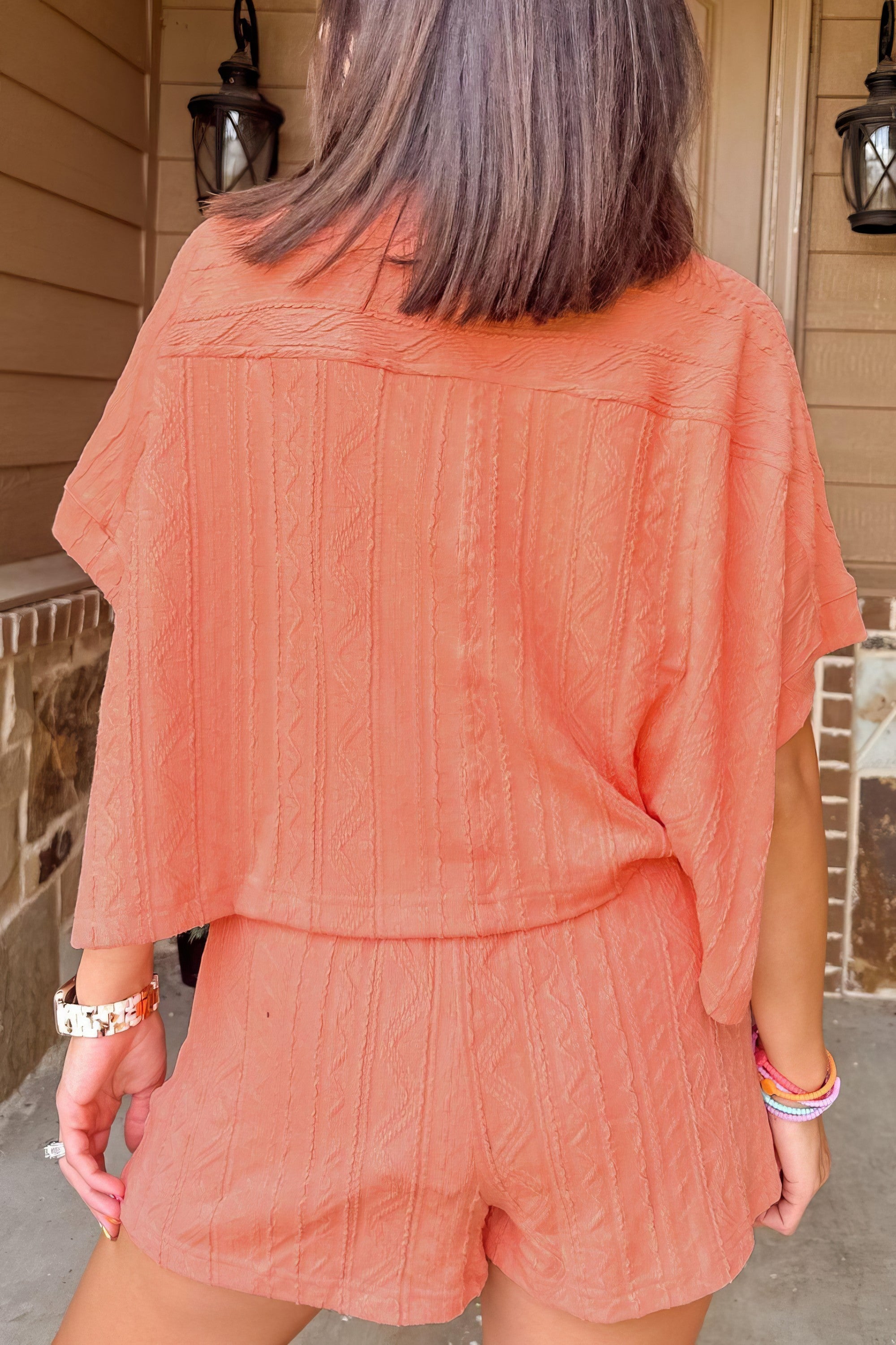 Women's texture short sleeve top and shorts set with drawstring and pockets