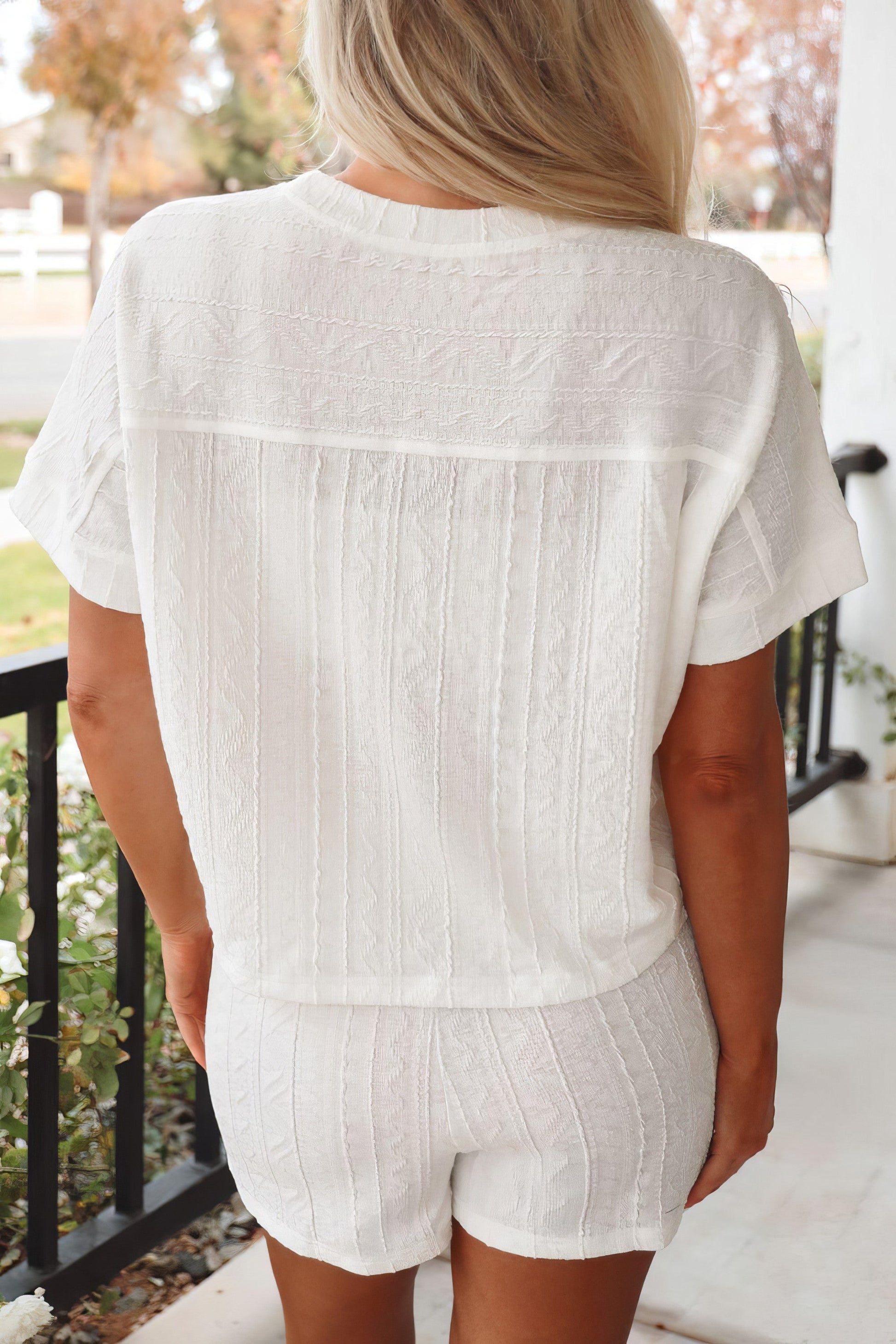 Women's texture short sleeve top and shorts set with drawstring and pockets