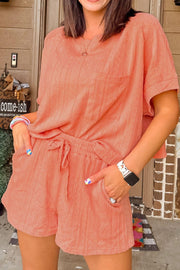 Women's texture short sleeve top and shorts set with drawstring and pockets