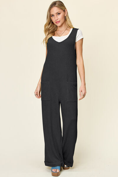 Texture Sleeveless Wide Leg Jumpsuit with Pockets.
