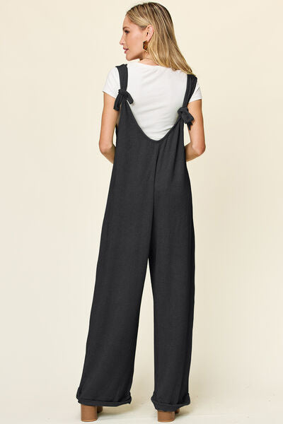 Texture Sleeveless Wide Leg Jumpsuit with Pockets.