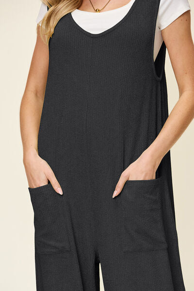 Texture Sleeveless Wide Leg Jumpsuit with Pockets.