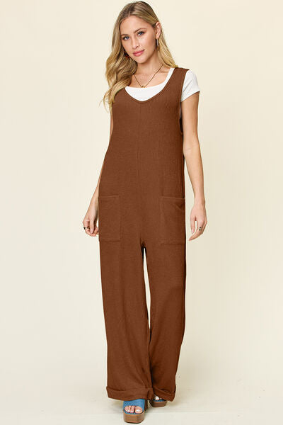 Texture Sleeveless Wide Leg Jumpsuit with Pockets.