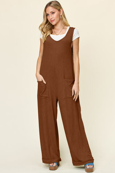 Texture Sleeveless Wide Leg Jumpsuit with Pockets.