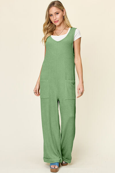 Texture Sleeveless Wide Leg Jumpsuit with Pockets.