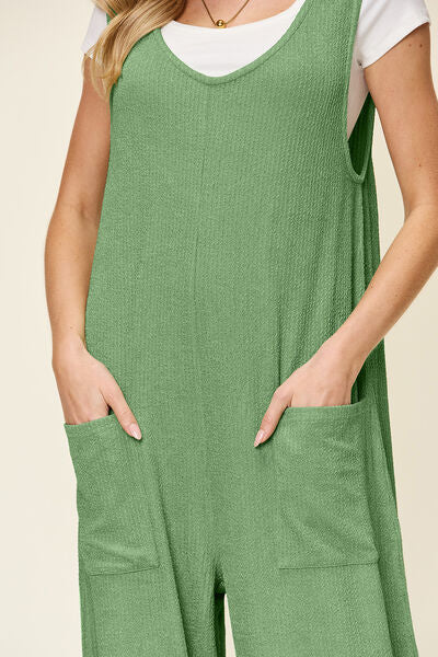 Texture Sleeveless Wide Leg Jumpsuit with Pockets.