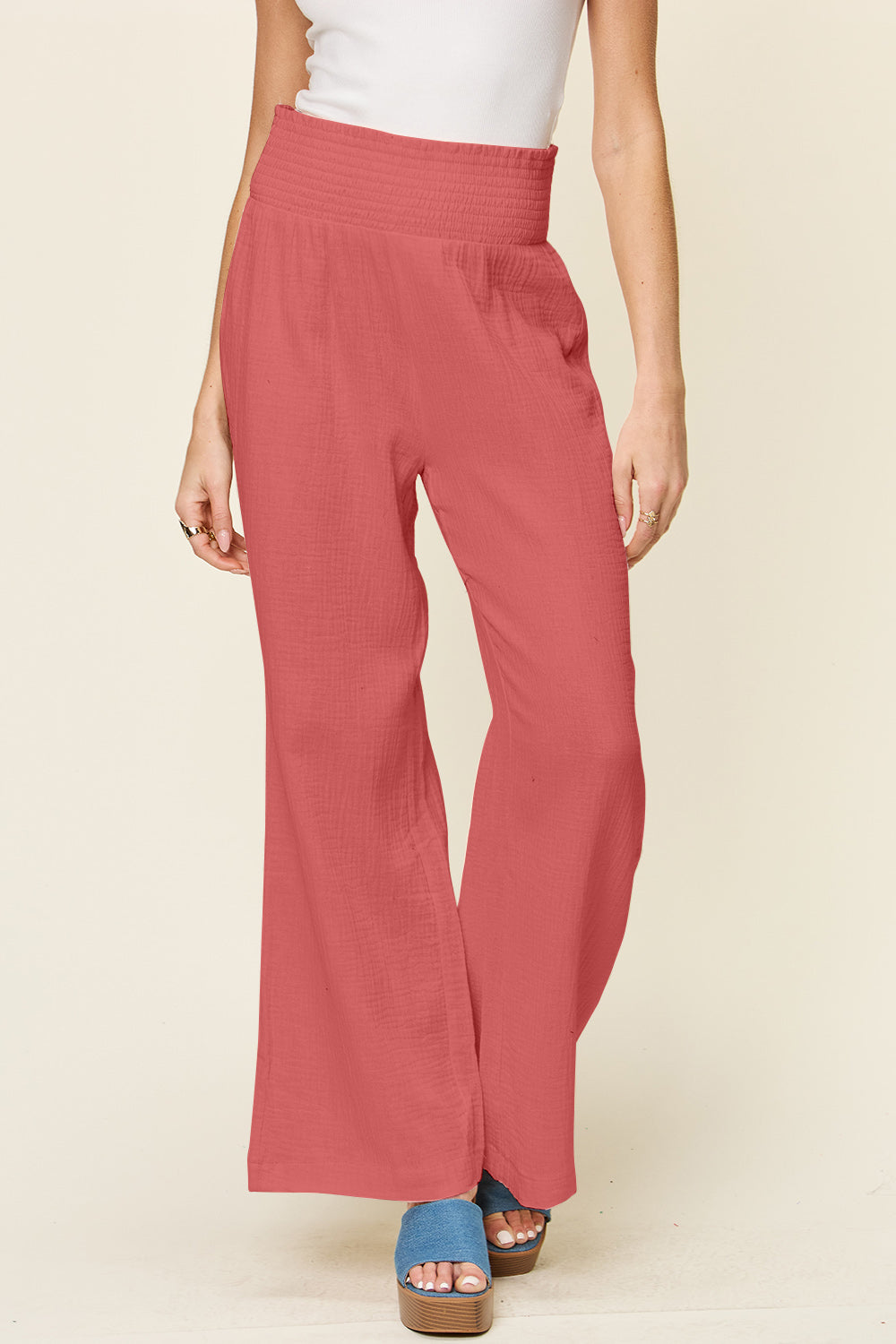 Texture smocked waist wide leg pants, opaque.