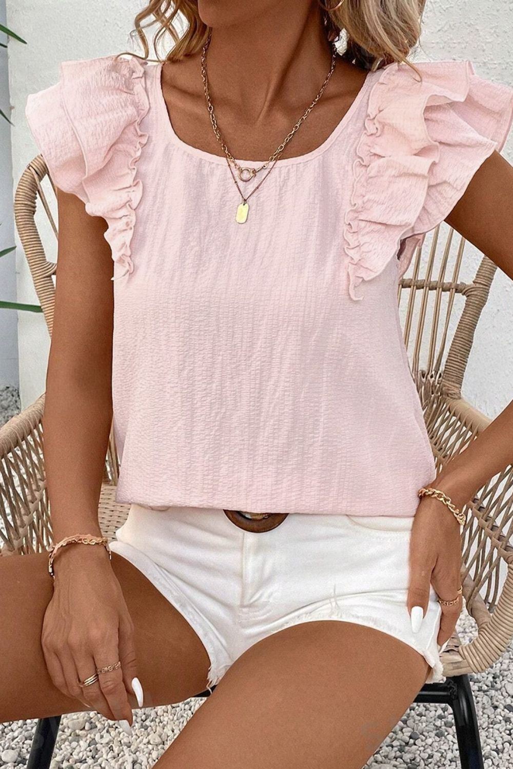 Textured Bow Knot Frilled Butterfly Sleeve Blouse.