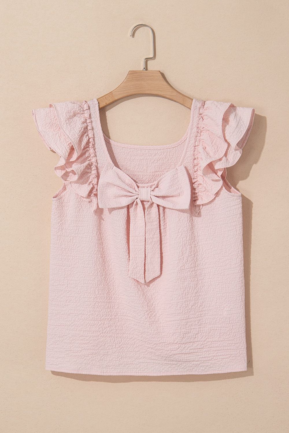 Textured Bow Knot Frilled Butterfly Sleeve Blouse.