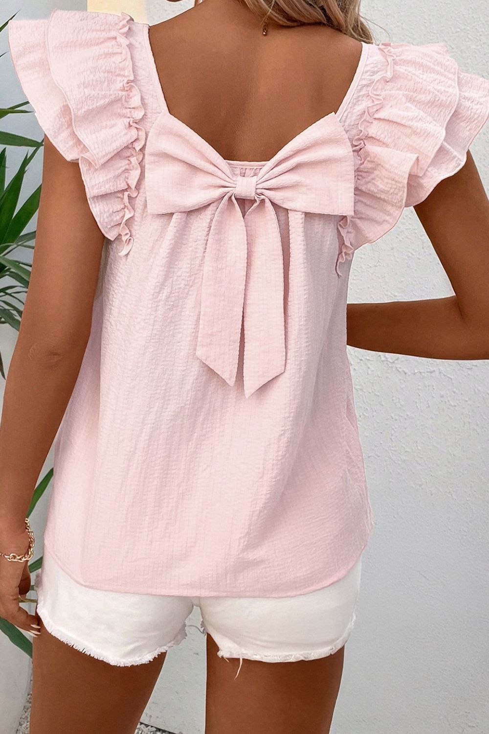 Textured Bow Knot Frilled Butterfly Sleeve Blouse.