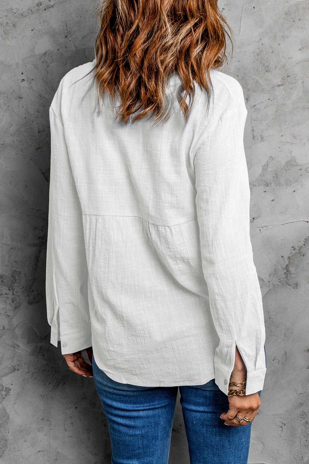 Textured Button Front Curved Hem Shirt.