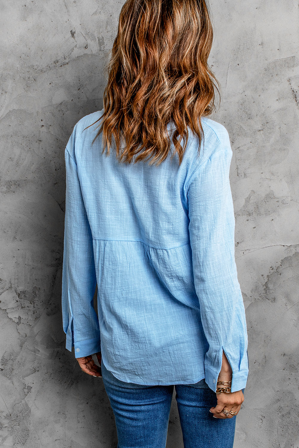 Textured Button Front Curved Hem Shirt.