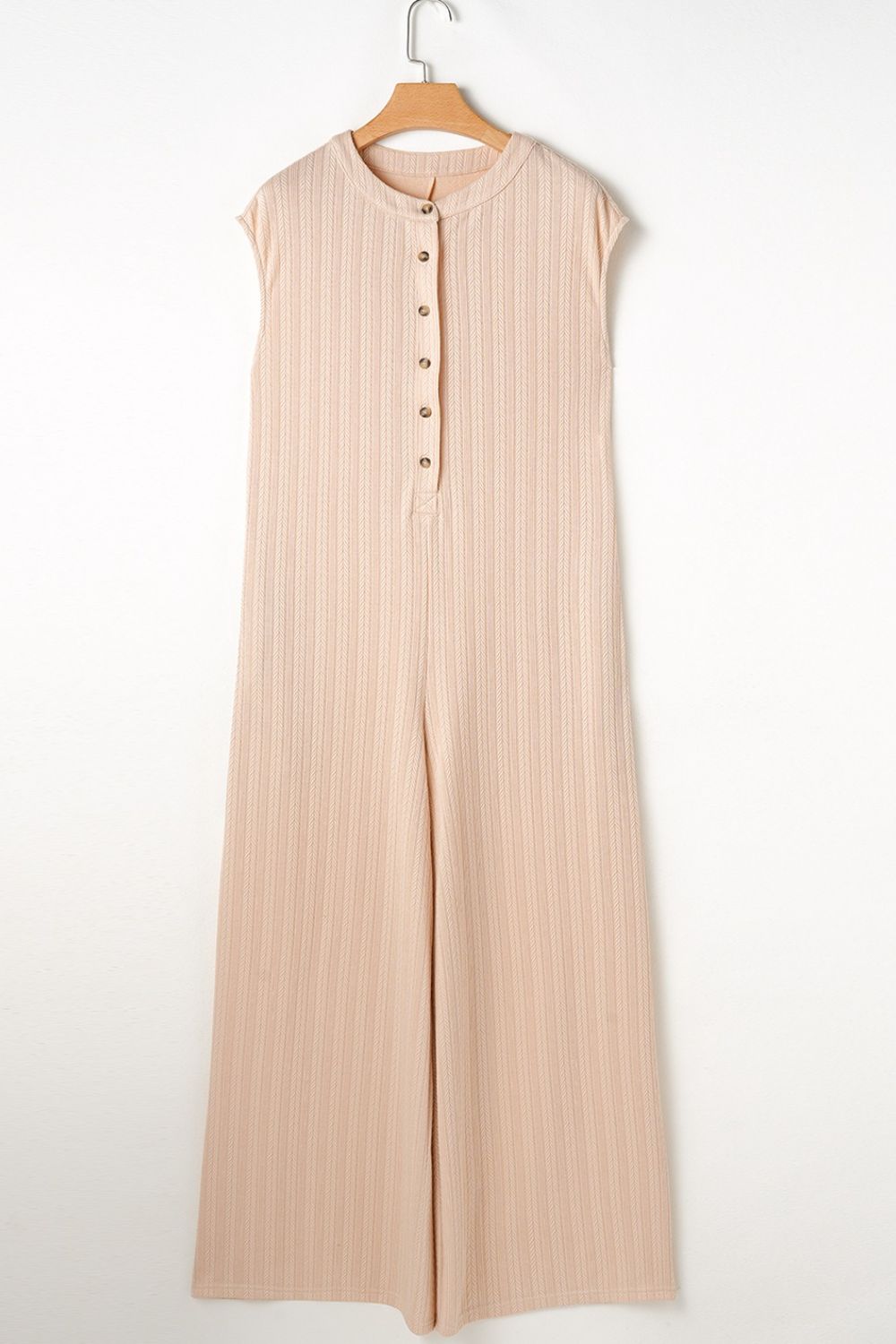 Textured Button Front Wide Leg Cap Sleeve Jumpsuit.