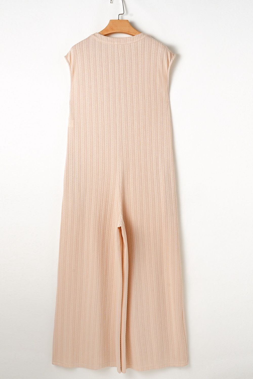 Textured Button Front Wide Leg Cap Sleeve Jumpsuit.