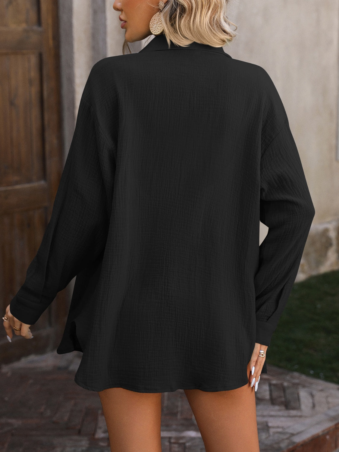 Mandy Textured Button Up Dropped Shoulder Shirt.