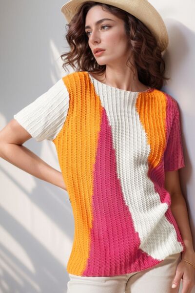 Textured Color Block Short Sleeve Sweater.