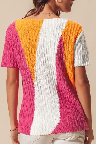 Textured Color Block Short Sleeve Sweater.