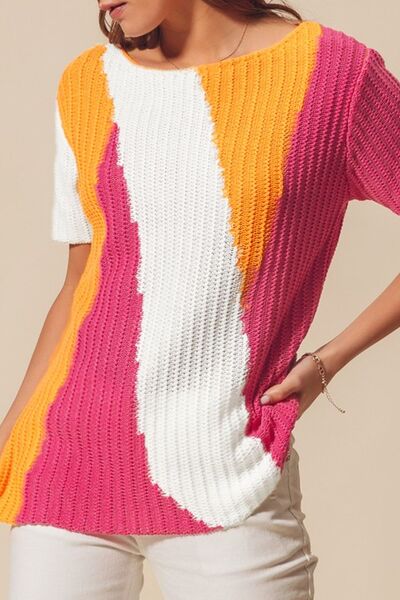 Textured Color Block Short Sleeve Sweater.