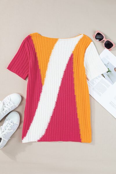 Textured Color Block Short Sleeve Sweater.
