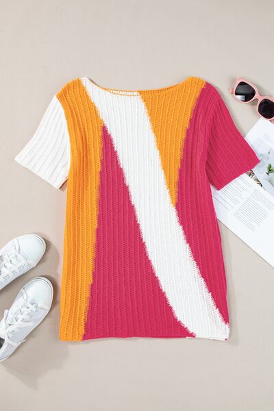 Textured Color Block Short Sleeve Sweater.