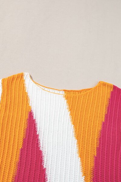 Textured Color Block Short Sleeve Sweater.
