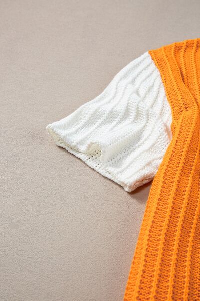Textured Color Block Short Sleeve Sweater.