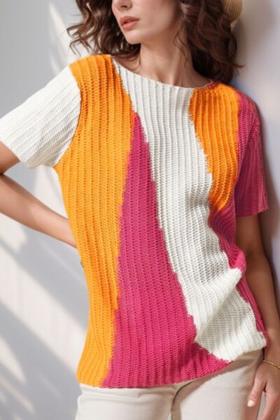 Textured Color Block Short Sleeve Sweater.