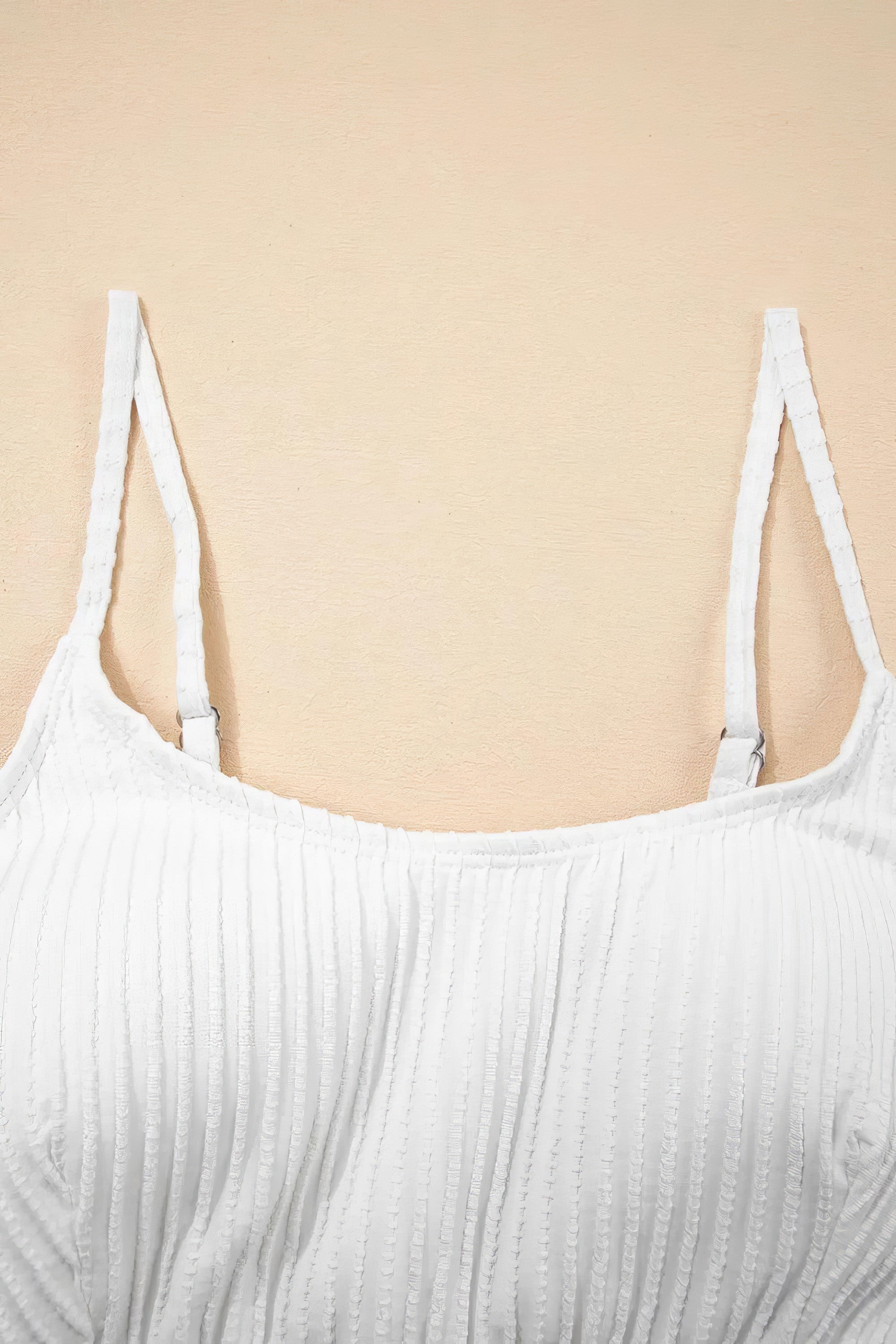 Textured contrast banding high-waist bikini swimsuit with removable padding.