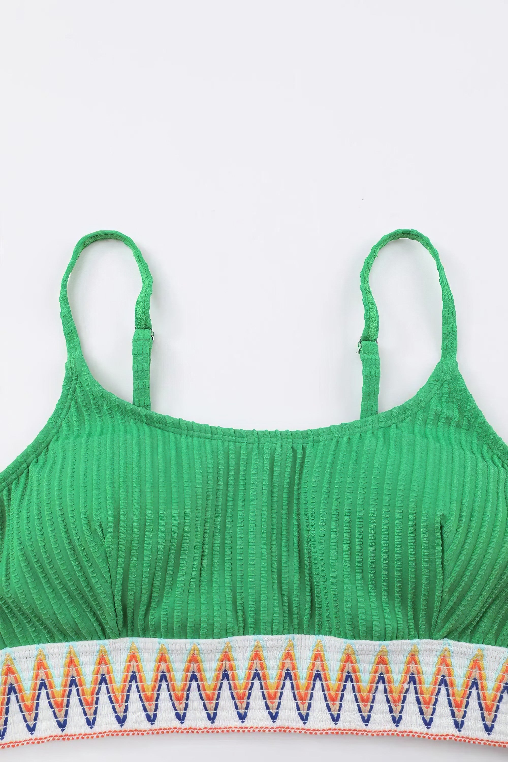 Textured contrast banding high-waist bikini swimsuit with removable padding.