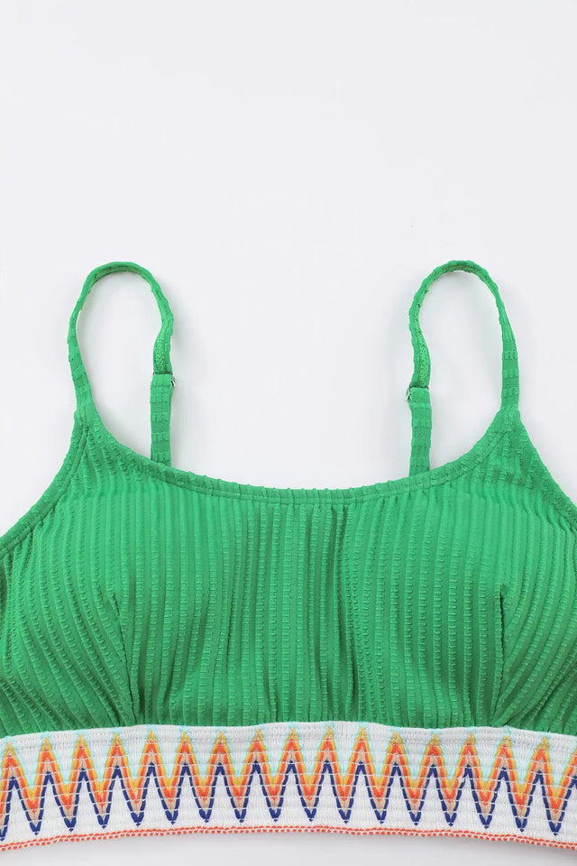 Textured contrast banding high-waist bikini swimsuit with removable padding.
