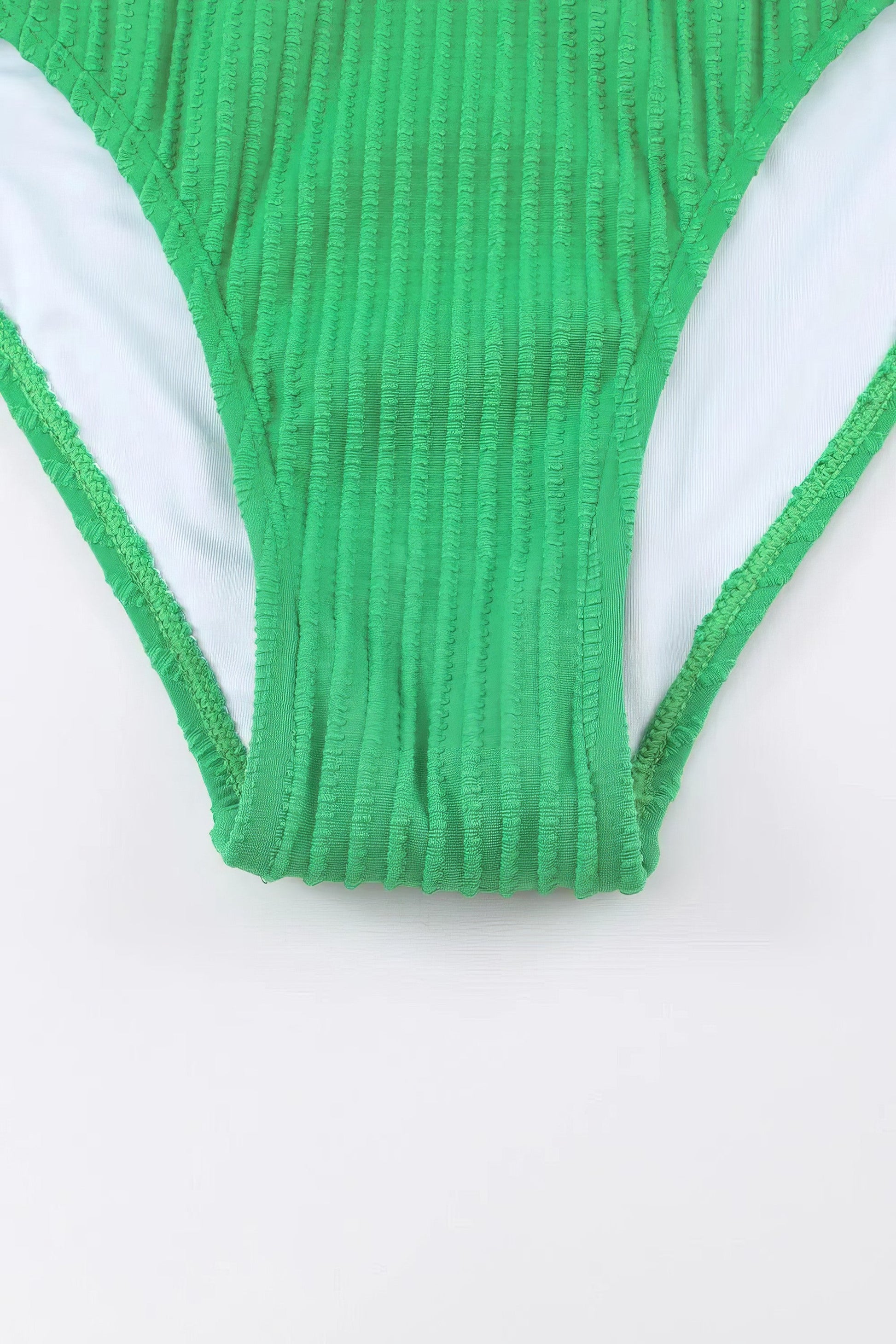 Textured contrast banding high-waist bikini swimsuit with removable padding.