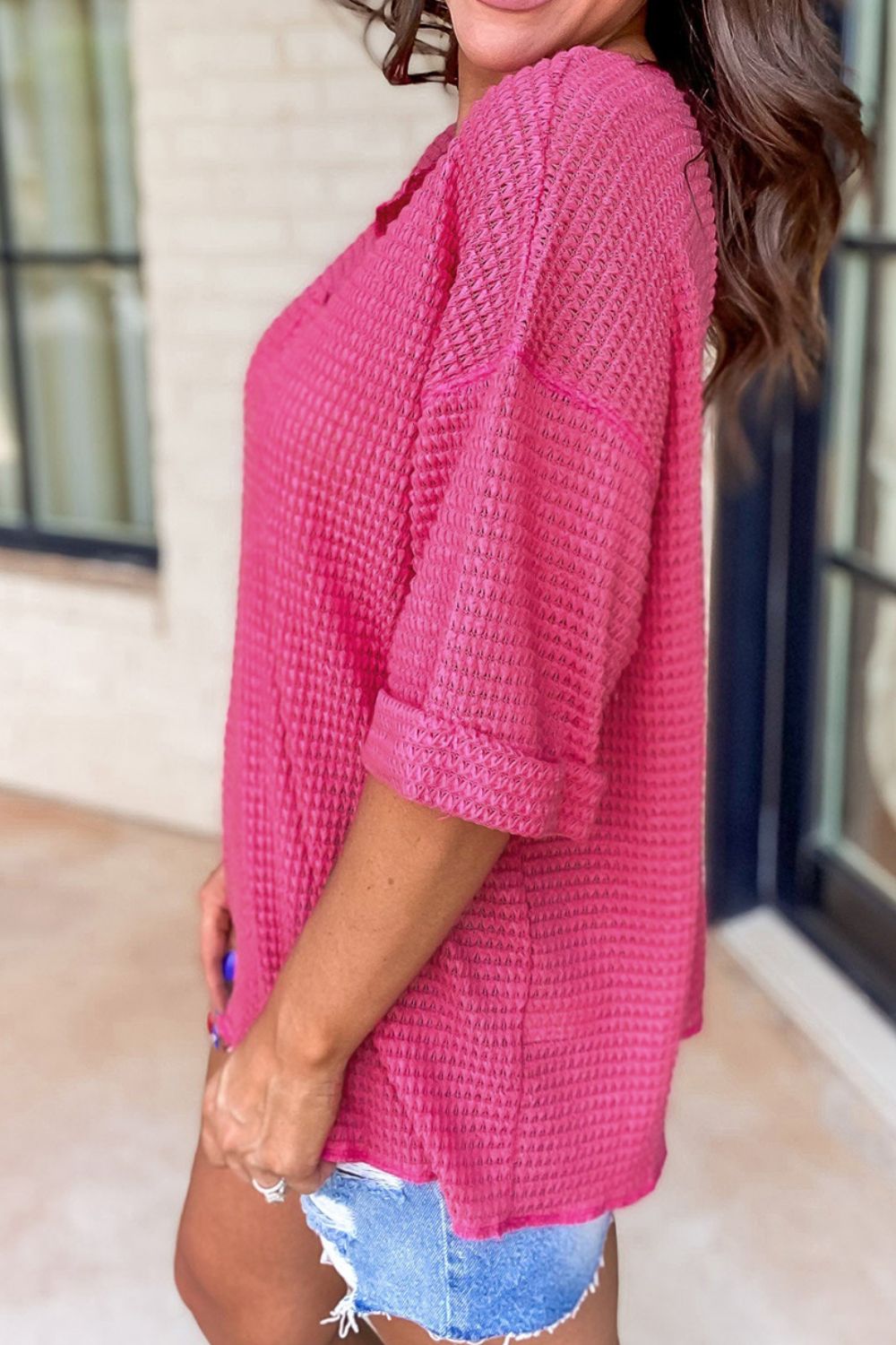 Textured Cuffed Short Sleeve Top.