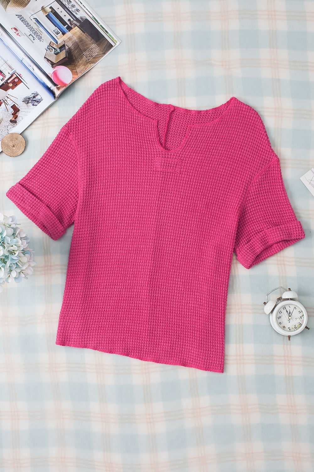 Textured Cuffed Short Sleeve Top.